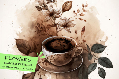 Watercolor coffee Floral Background, still life with coffee and flowers, cup of coffee with flower Digital Pattern FloridPrintables 