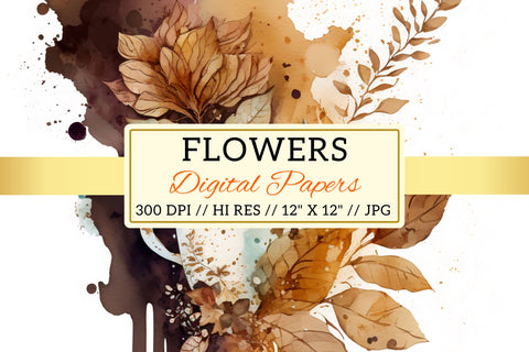 Watercolor coffee Floral Background, still life with coffee and flowers Digital Pattern FloridPrintables 