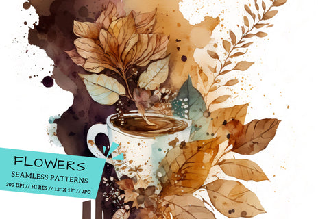Watercolor coffee Floral Background, still life with coffee and flowers Digital Pattern FloridPrintables 
