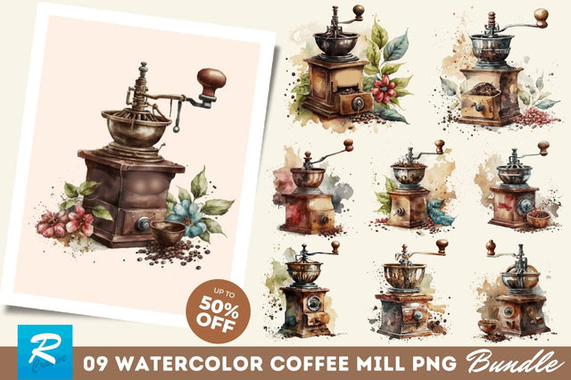 Watercolor Coffee Mill Clipart Bundle Sublimation Regulrcrative 