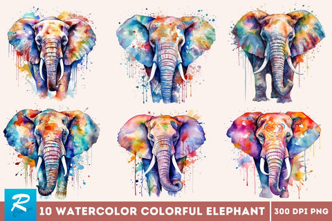 Watercolor Colorful Elephant Clipart Bundle Sublimation Regulrcrative 