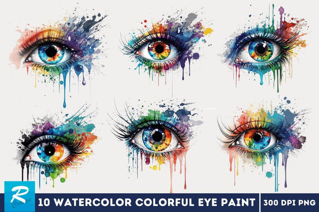 Watercolor Colorful Eye Paint Clipart Bundle Sublimation Regulrcrative 