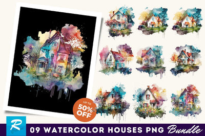 Watercolor Colorful Houses Clipart Bundle Sublimation Regulrcrative 
