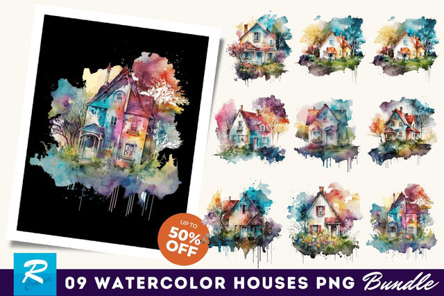 Watercolor Colorful Houses Clipart Bundle Sublimation Regulrcrative 
