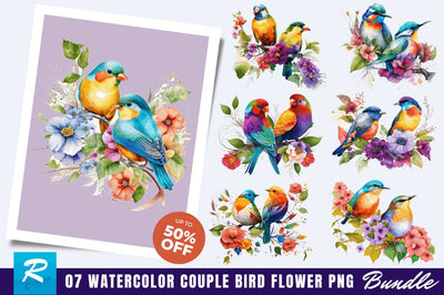 Watercolor Couple Bird Flower Clipart Bundle Sublimation Regulrcrative 