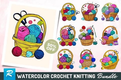 Watercolor Crochet Knitting Clipart Bundle Sublimation Regulrcrative 