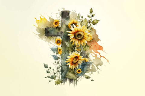 Watercolor Cross & Sunflowers Clipart Bundle Sublimation Regulrcrative 