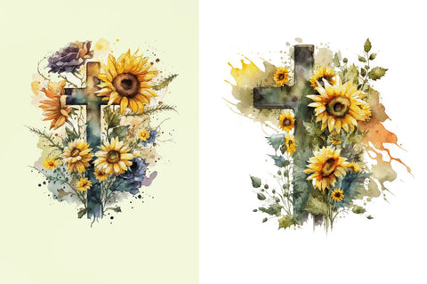 Watercolor Cross & Sunflowers Clipart Bundle Sublimation Regulrcrative 