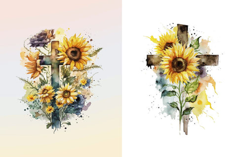 Watercolor Cross & Sunflowers Clipart Bundle Sublimation Regulrcrative 