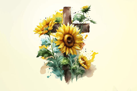 Watercolor Cross & Sunflowers Clipart Bundle Sublimation Regulrcrative 