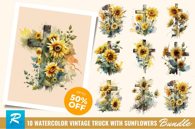 Watercolor Cross & Sunflowers Clipart Bundle Sublimation Regulrcrative 