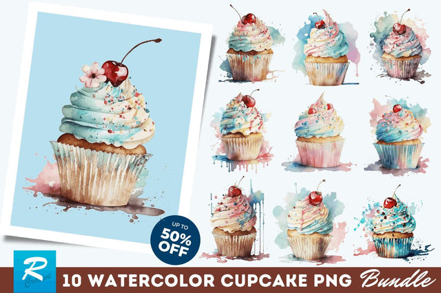 Watercolor Cupcake Clipart Bundle Sublimation Regulrcrative 