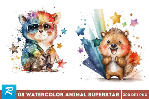 Watercolor cute animal superstar Bundle Sublimation Regulrcrative 