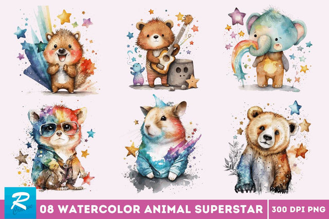 Watercolor cute animal superstar Bundle Sublimation Regulrcrative 
