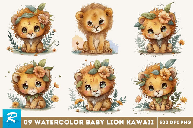 Watercolor Cute Baby Lion Kawaii Cartoon Clipart Bundle Sublimation Regulrcrative 