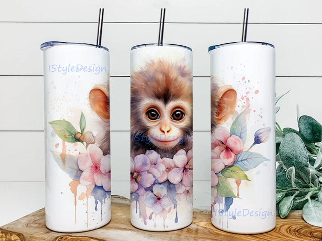 Watercolor Cute Baby Monkey With Flowers 20oz Skinny Tumbler Png, Baby Monkey With Flowers Tumbler, Baby Monkey Tumbler, Flowers Tumbler Sublimation iStyleDesign 