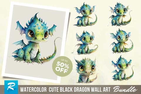 watercolor Cute Black Dragon Wall Art Clipart Bundle Sublimation Regulrcrative 