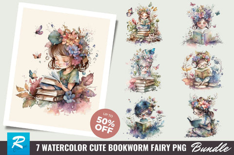 Watercolor Cute Bookworm Fairy Clipart Bundle Sublimation Regulrcrative 