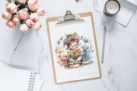 Watercolor Cute Bookworm Fairy Clipart Bundle Sublimation Regulrcrative 