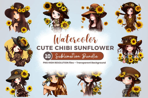 Watercolor Cute Chibi Sunflower Clipart Bundle Sublimation Regulrcrative 