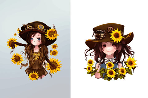 Watercolor Cute Chibi Sunflower Clipart Bundle Sublimation Regulrcrative 