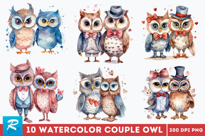 Watercolor Cute Couple Owl Clipart Bundle Sublimation Regulrcrative 