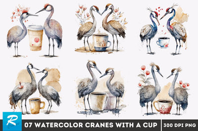 Watercolor Cute Cranes with a Cup Bundle Sublimation Regulrcrative 