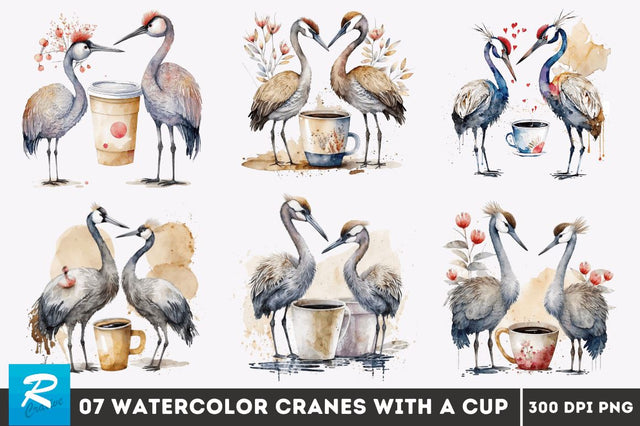 Watercolor Cute Cranes with a Cup Bundle Sublimation Regulrcrative 