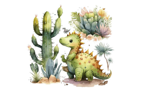 Watercolor Cute Dinosaur and Cactus Clipart Bundle Sublimation Regulrcrative 