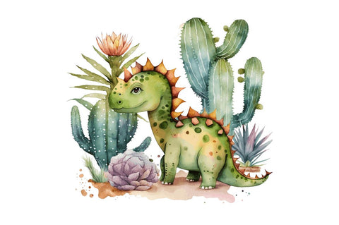 Watercolor Cute Dinosaur and Cactus Clipart Bundle Sublimation Regulrcrative 