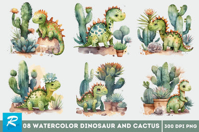 Watercolor Cute Dinosaur and Cactus Clipart Bundle Sublimation Regulrcrative 