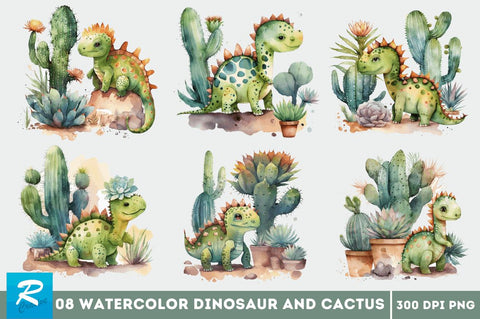 Watercolor Cute Dinosaur and Cactus Clipart Bundle Sublimation Regulrcrative 