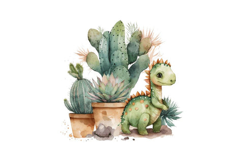 Watercolor Cute Dinosaur and Cactus Clipart Bundle Sublimation Regulrcrative 