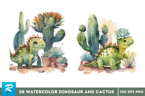 Watercolor Cute Dinosaur and Cactus Clipart Bundle Sublimation Regulrcrative 