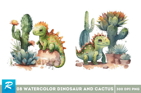 Watercolor Cute Dinosaur and Cactus Clipart Bundle Sublimation Regulrcrative 