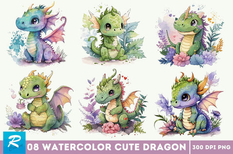 Watercolor Cute Dragon CLIPART Bundle Sublimation Regulrcrative 