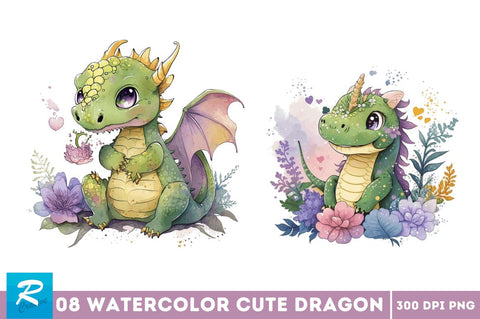 Watercolor Cute Dragon CLIPART Bundle Sublimation Regulrcrative 
