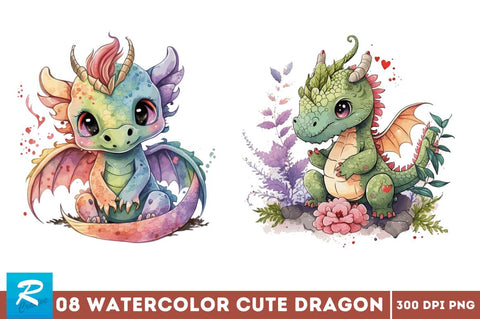 Watercolor Cute Dragon CLIPART Bundle Sublimation Regulrcrative 
