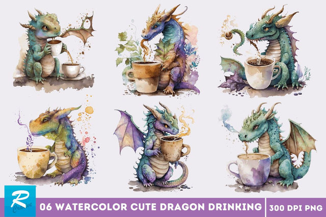 Watercolor Cute Dragon Drinking Coffee Clipart Bundle Sublimation Regulrcrative 