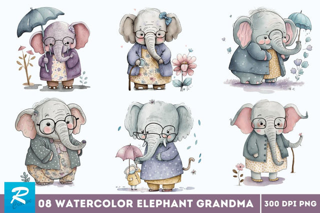 Watercolor Cute Elephant Grandma Bundle Sublimation Regulrcrative 