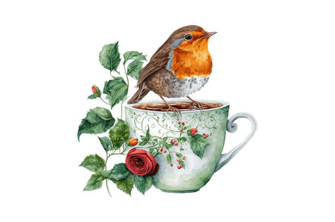 Watercolor Cute European Robin with a Cup Bundle Sublimation Regulrcrative 