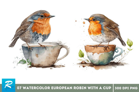 Watercolor Cute European Robin with a Cup Bundle Sublimation Regulrcrative 