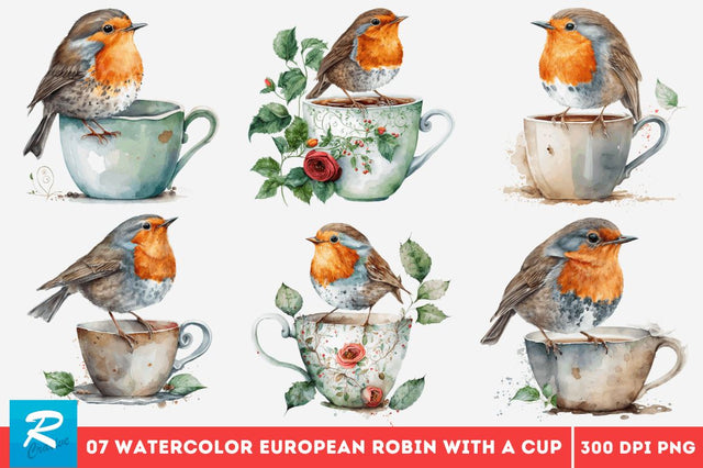 Watercolor Cute European Robin with a Cup Bundle Sublimation Regulrcrative 