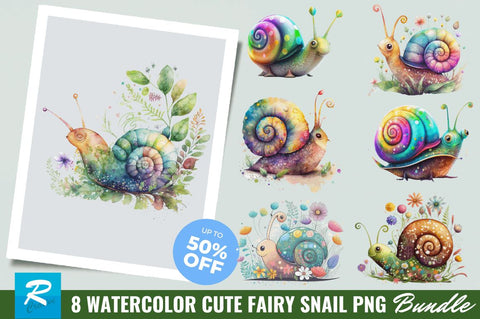 Watercolor Cute Fairy Snail Clipart Bundle Sublimation Regulrcrative 