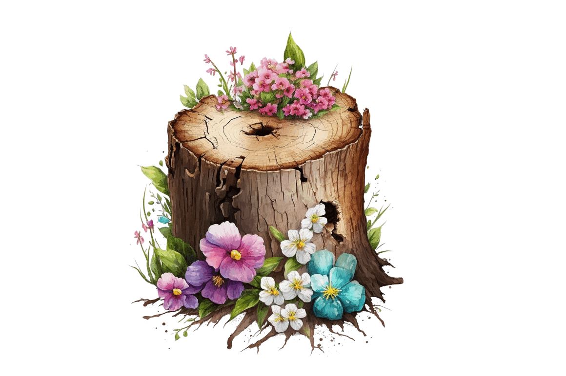 Flower Wooden Stump Watercolor Clipart By Regulrcrative