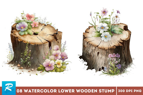 Watercolor Cute Flower Wooden Stump Bundle Sublimation Regulrcrative 