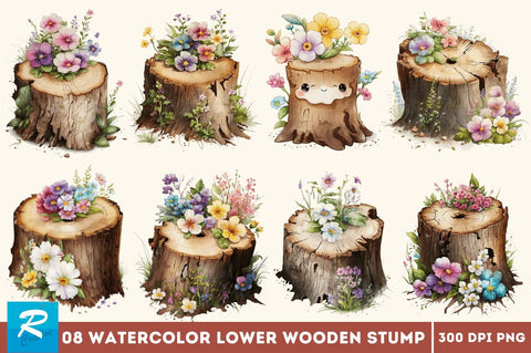 Watercolor Cute Flower Wooden Stump Bundle Sublimation Regulrcrative 