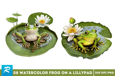 Watercolor Cute Frog on a Lillypad Bundle Sublimation Regulrcrative 