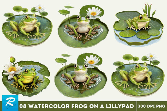 Watercolor Cute Frog on a Lillypad Bundle Sublimation Regulrcrative 
