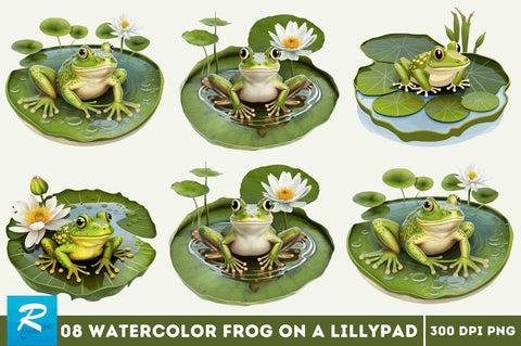 Watercolor Cute Frog on a Lillypad Bundle Sublimation Regulrcrative 